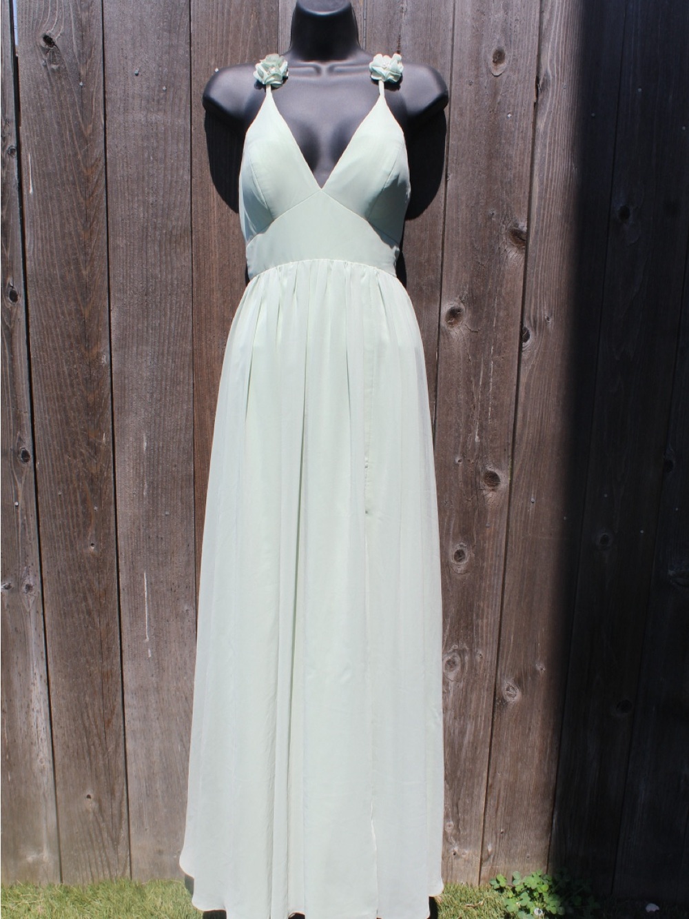 Azazie Dusty Sage Maxi Dress with matching hair clips